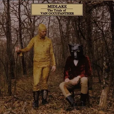 A person dressed in yellow standing next to a seated figure wearing a black panther mask and red shirt in a wooded area, with a sign above them that reads "Middlelake: The Trials of Van Occupanther." Album Art.