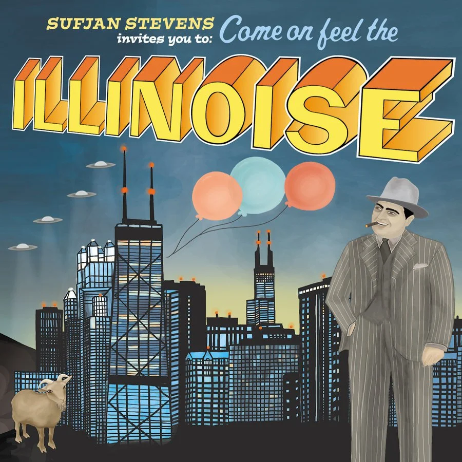 Vintage-style album cover for 'Come on feel the Illinois' by Sufjan Stevens featuring a city skyline with tall buildings, balloons, a man in a striped suit and fedora smoking a cigar, and a goat, all against a sunset sky with clouds and UFOs.
