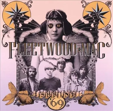 Album cover for Fleetwood Mac's 'Landslide 69' featuring a woman with butterfly wings, surrounded by four band members, with decorative moths and a pink background.