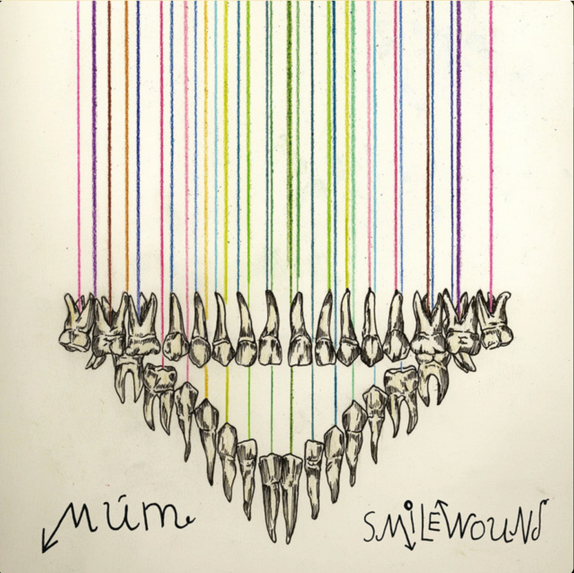 A drawing of numerous teeth in the bottom center with colorful lines extending upward behind them, and the words "mum" on the left with an arrow pointing toward the teeth and "smilewound" on the right in a playful font. Album cover.
