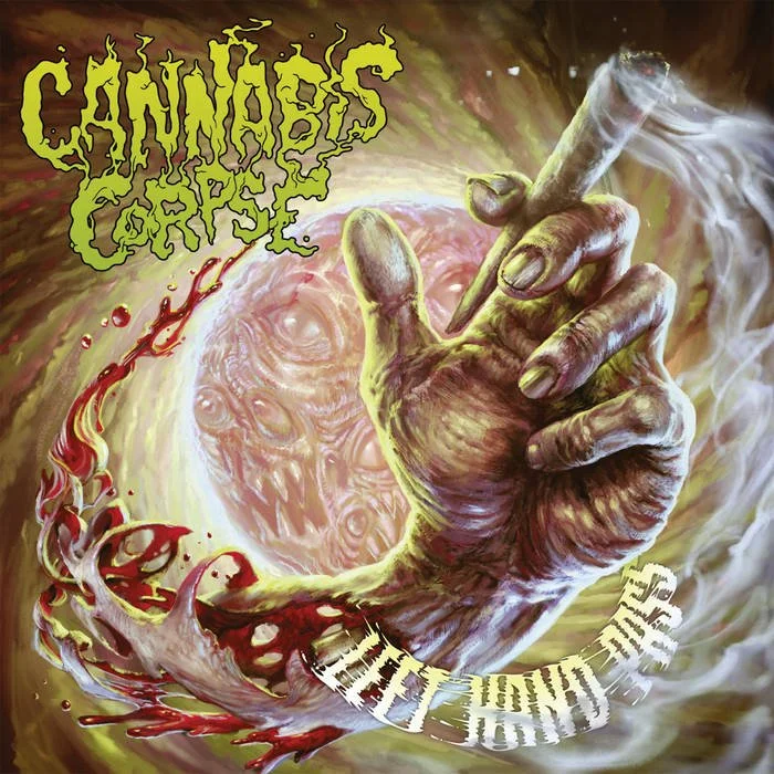 A horror-themed artwork features a hand holding a joint, surrounded by swirling colors, with a grotesque face and multiple eyes in the background. The text "Cannabis Corpse" appears at the top in dripping, green letters. Album art for Left Hand Pass