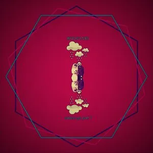 A pink background with abstract cloud and animal shapes, symmetrical design, and blue geometric outlines. Album cover.