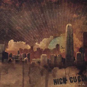 Illustration of a city skyline with a tall building, clouds, and a large green moon or planet in the background, with the words 'NICK CUC' partially visible at the bottom.