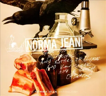 Still life of raw steak, scientific glassware, and a microscope with a black crow on top, and the text 'Norma Jean' overlaid. Album art for " Birds And Microscopes And Bottles Of Elixirs And Raw Steak And A Bunch Of Songs" by Norma Jean.