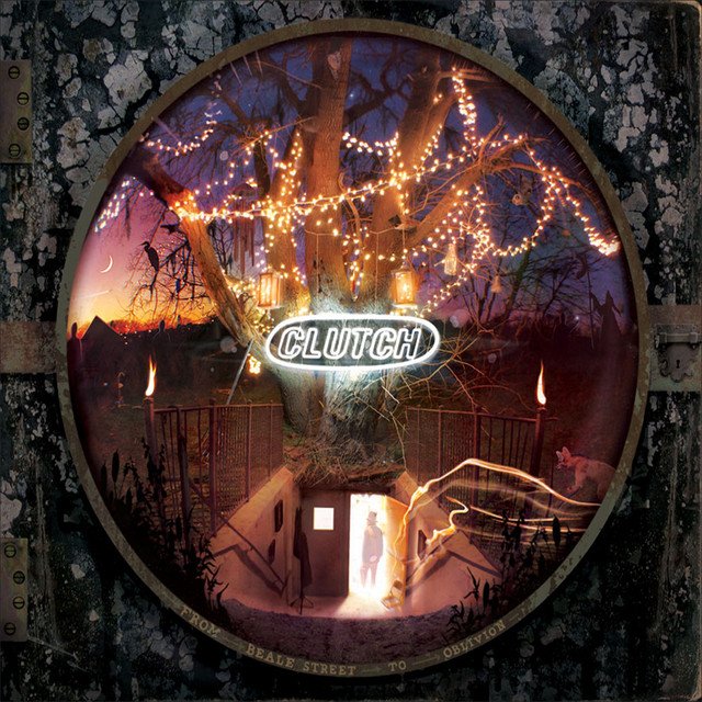 A circular window with a mural depicting a tree decorated with string lights, illuminated signs, and a sunset in the background. Includes a person walking down stairs, with silhouettes and glowing accents in a vibrant, artistic style.Clutch album art