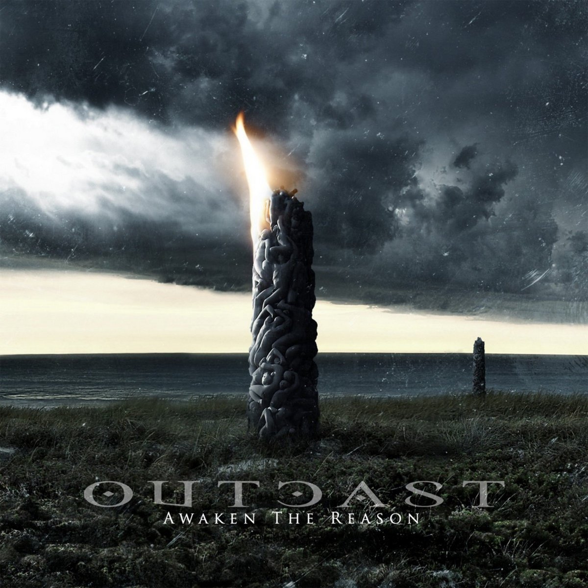 A tall, twisted candle on a grassy field near the ocean under a dark, stormy sky with lightning, with the text 'OUTCAST' and 'AWAKEN THE REASON' overlaid. Album artwork.