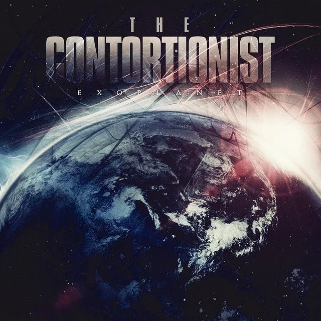 Album cover for 'The Contortionist' titled 'Exoplanet' showing Earth from space with a bright light and cosmic background