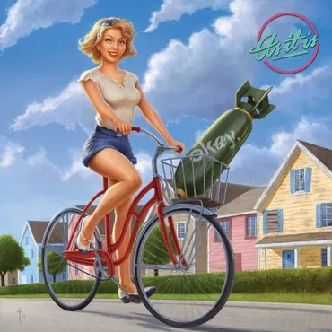 A woman with blonde hair, wearing a beige top and denim shorts, rides a red bicycle on a suburban street. She is holding the handlebars of the bicycle, and a large green bomb is in a basket. Album art for "Okay" by the band As It Is.