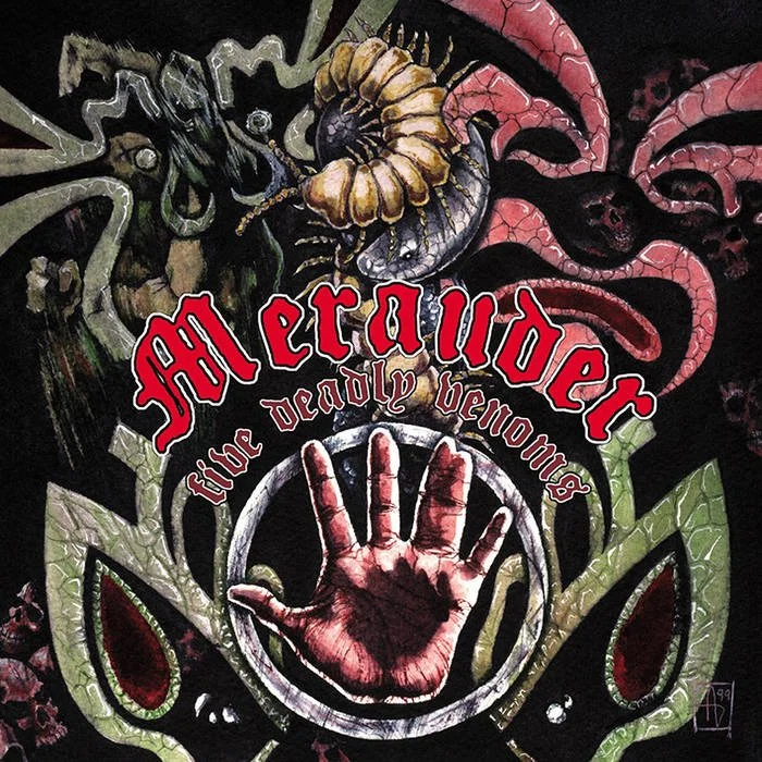 Album cover art for Merauder's "Five Deadly Venoms" featuring a red hand in a circle, surrounded by illustrations of a centipede, snake, and tentacles, with dark, horror-themed colors.