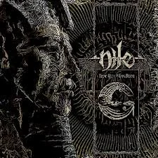 Artwork featuring a portrait of a bearded man with textured details, alongside a circular design with a face and text. Album art for the band Nile's 'Those whom the Gods Detest.'