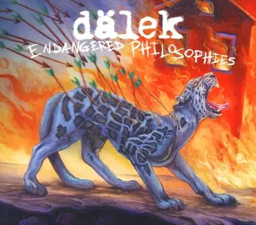 Album cover for Dälek's 'Endangered Philosophies' featuring a blue, tiger-like creature with arrows striking its back against a fiery orange background.
