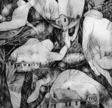 A black and white artistic collage featuring intertwined images of house exteriors, trees, and human figures.