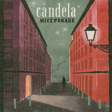 An illustrated street scene with tall buildings on either side, a person walking down the sidewalk, and street lamps, with the text 'Candela Mice Parade' at the top.