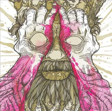A detailed artistic illustration of a bearded man with long hair, eyes closed, with hands covering part of his face and pink streaks on his cheeks. Every Time I Die Album art for "New Junk Aesthetic".
