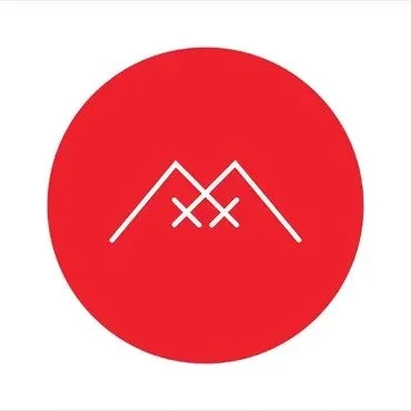 White geometric mountain outline on red circular background. Album Art.