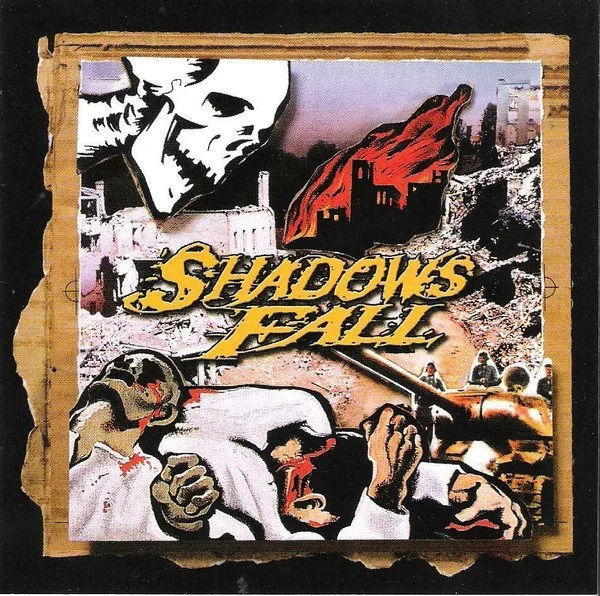 Cover art for an album by Shadows Fall, featuring a snowy cityscape with a red mountain in the background, a woman holding a gun, a man in a white shirt with a weapon, and a large skull in the top left corner.