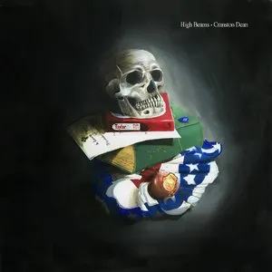 A skull resting on a stack of books and items, including a blue and white American flag-themed sock, a curling iron, and a small spherical object, against a dark background. Album artwork.