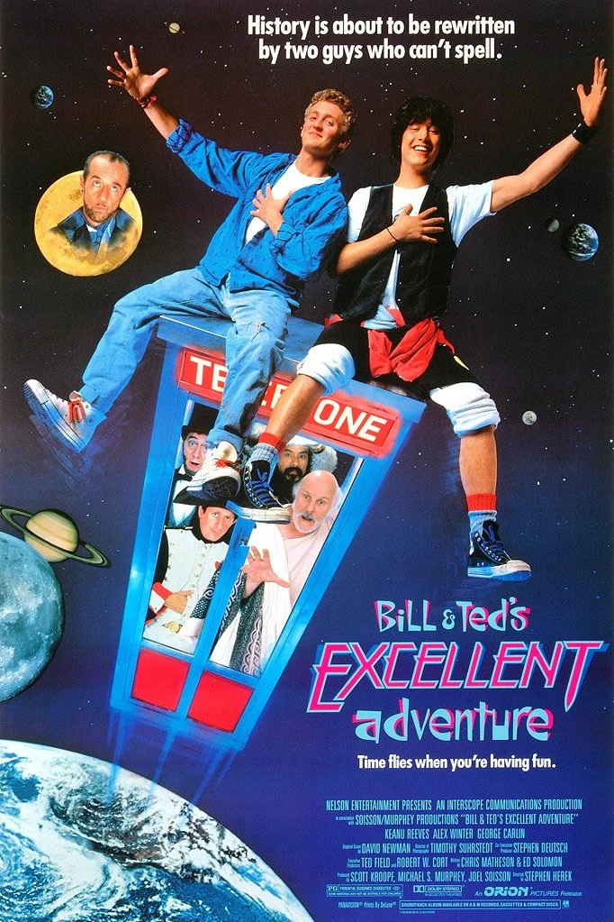 Poster from the movie 'Bill & Ted's Excellent Adventure' featuring the two main characters, Bill and Ted, sitting on the TARDIS which is depicted as a phone booth floating in space. The background shows planets and stars, and the poster includes the