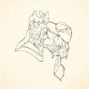 A sketch of a bearded man with a crown, wearing a pirate hat and bandana, with long hair and a mustache, facing left. Album artwork.