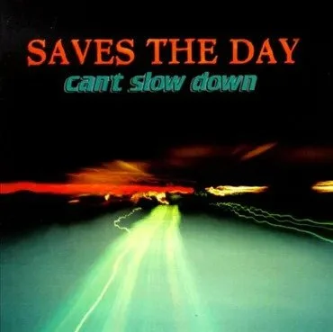 Album art for Saves the Day's album "Can't Slow Down' over a blurred, glowing landscape at sunset or sunrise.
