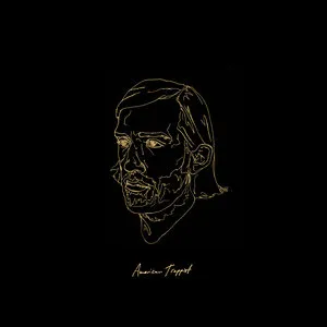 Minimalist line drawing of a man's face with glasses on a black background, signed by the artist. Album art.