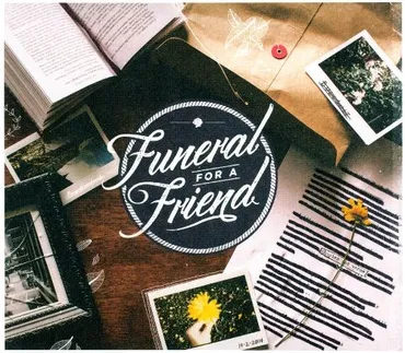 Open book, a condolence card reading 'Funeral for a Friend,' photographs of flowers, and a yellow flower on a table. Album art for "chapter and verse' by the band Funeral for a Friend. 