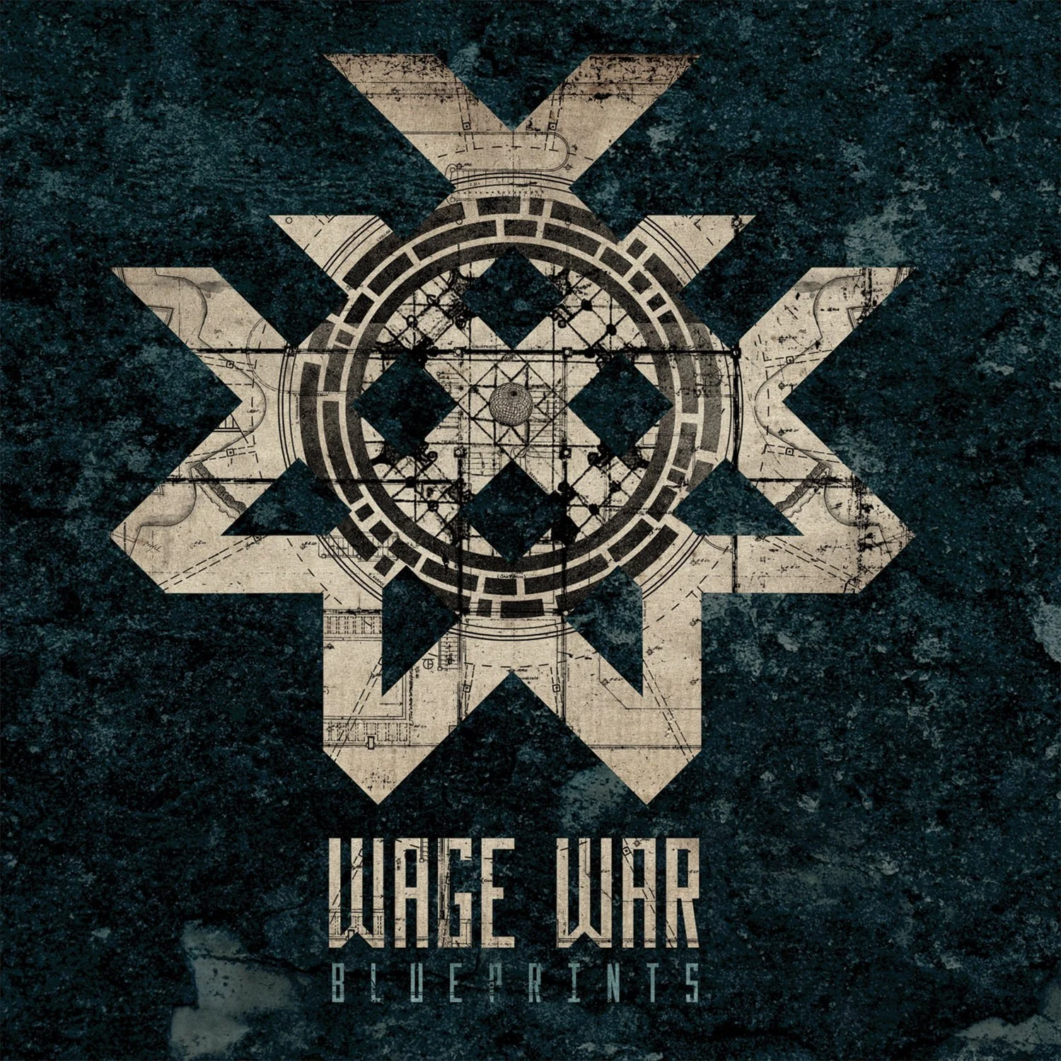 Artistic poster with geometric shapes and technical drawings, featuring the words 'WAGE WAR' and 'BLUEPRINTS'. Album artwork.