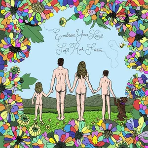 Illustration of four people holding hands in a circle on a grassy hill, surrounded by colorful flowers, with the phrase 'Embrace Your Local Soft Rock Station' written above. Album art.
