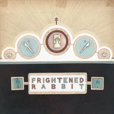 Decorative sign album art reading 'Frightened Rabbit' with two radio-like icons and symbolic images including a cross and a heart.