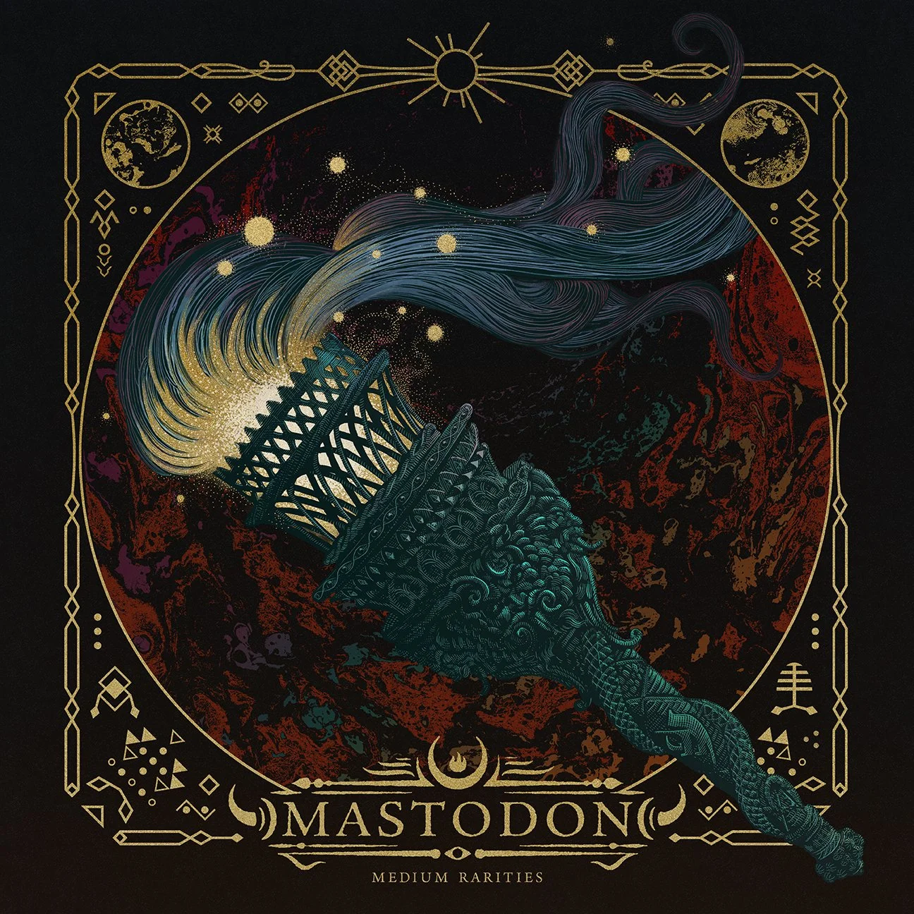 Illustration with a detailed, ornate design, surrounded by a celestial frame with astrological symbols, planets, and stars, along with the text 'Mastodon' and 'Medium Rarities' at the bottom. Mastodon album art.