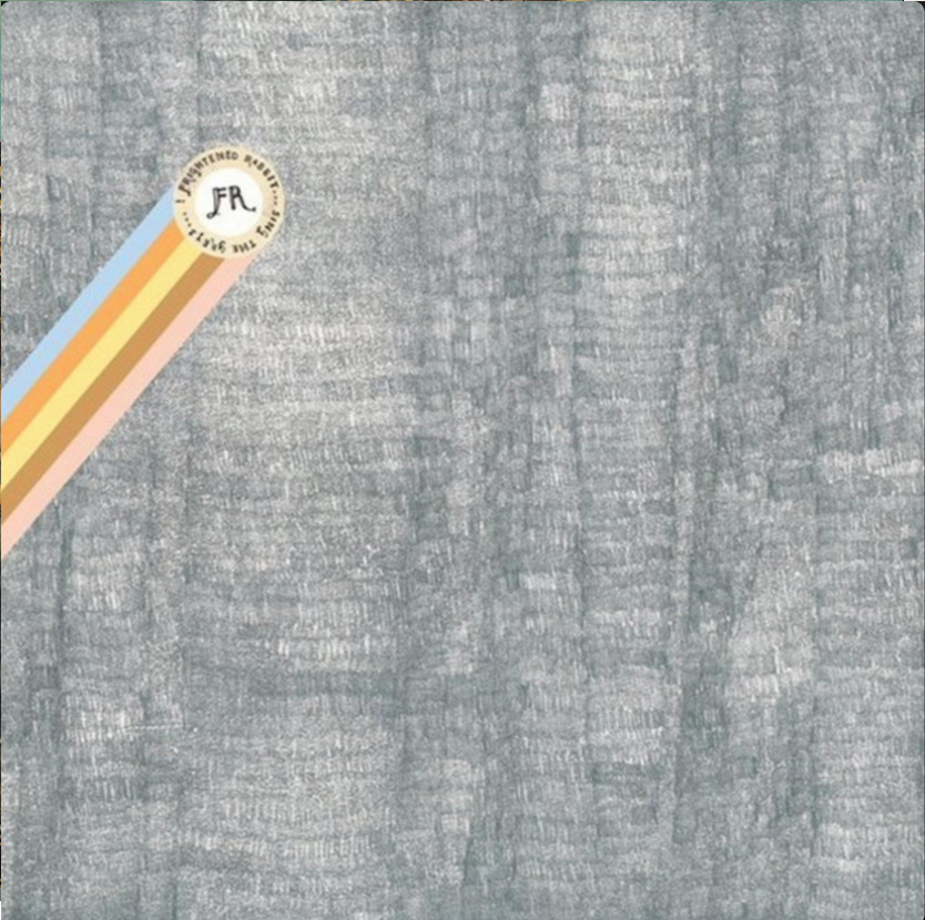 Close-up of a textured gray fabric or material with a small decorative sticker featuring stripes of pastel colors and a circular emblem. Frightened Rabbit album cover.
