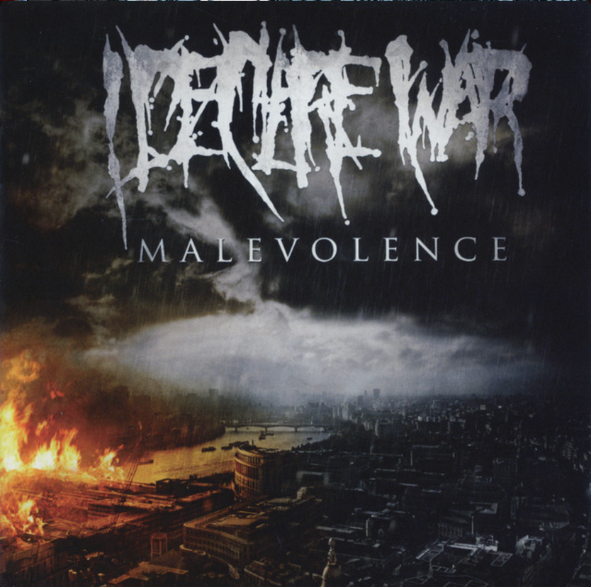 Album cover for I Declare War's "Malevolence" featuring a dark, stormy cityscape with fires burning and a cloudy sky.