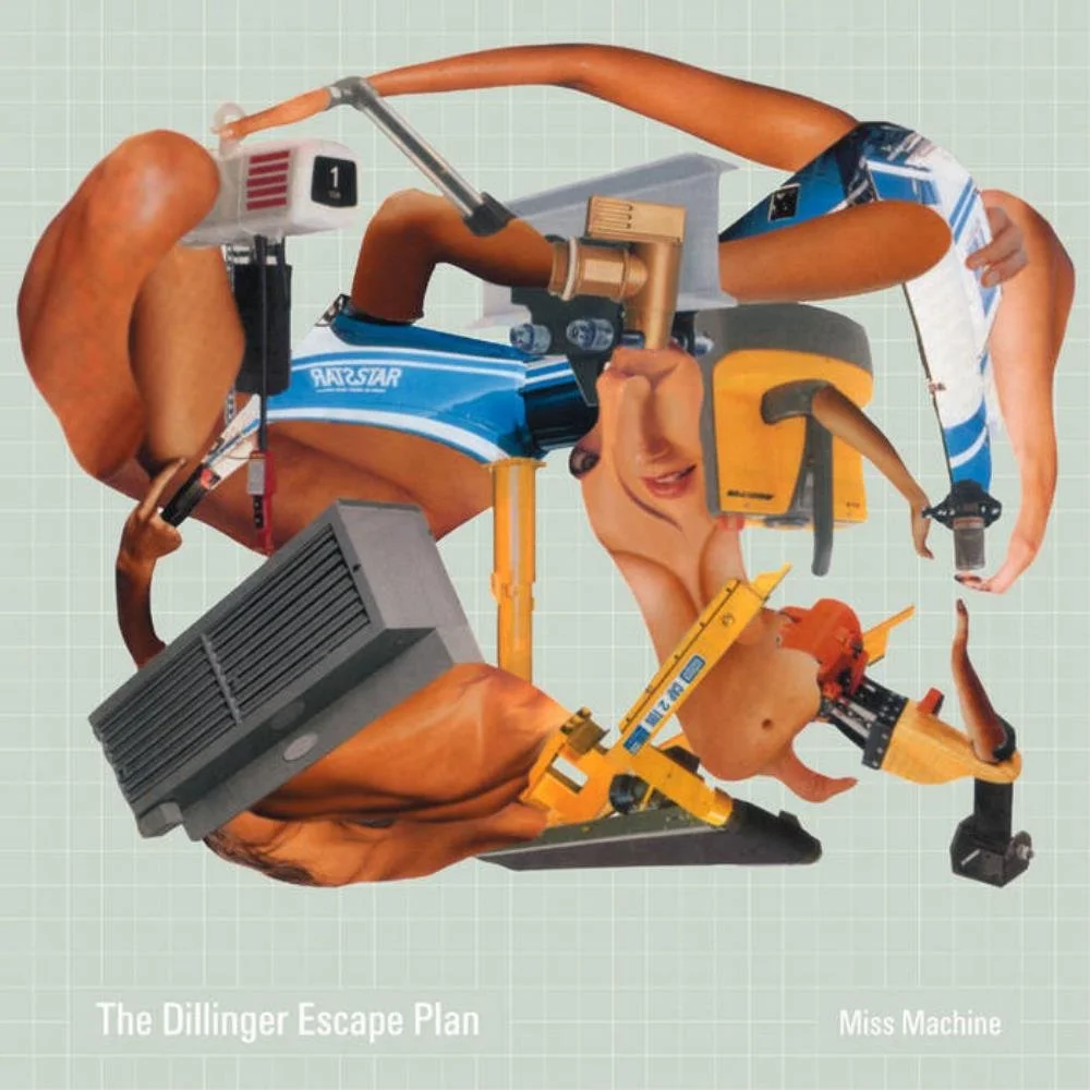 Entangled collage of various body parts, machinery, and construction tools against a light green grid background with the text 'The Dillinger Escape Plan' and 'Miss Machine' at the bottom.