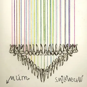 Drawing of numerous teeth arranged in a U-shape with colorful vertical lines above, labeled as 'mum' and 'SMILEWOUND' at the bottom.