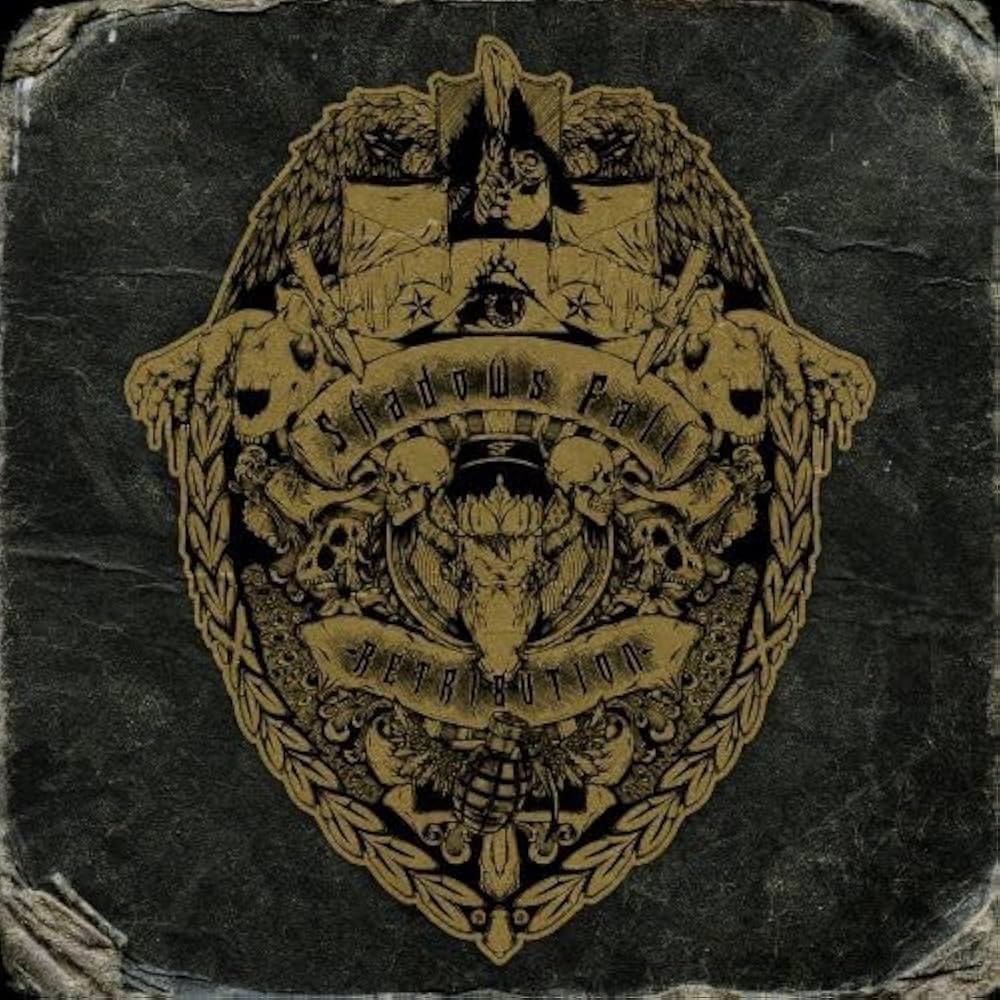 Decorative emblem with a winged horse at the top, skulls, a bull's skull, a bee, and a banner reading 'SHADOWS FALL RETRIBUTION'. Album art.