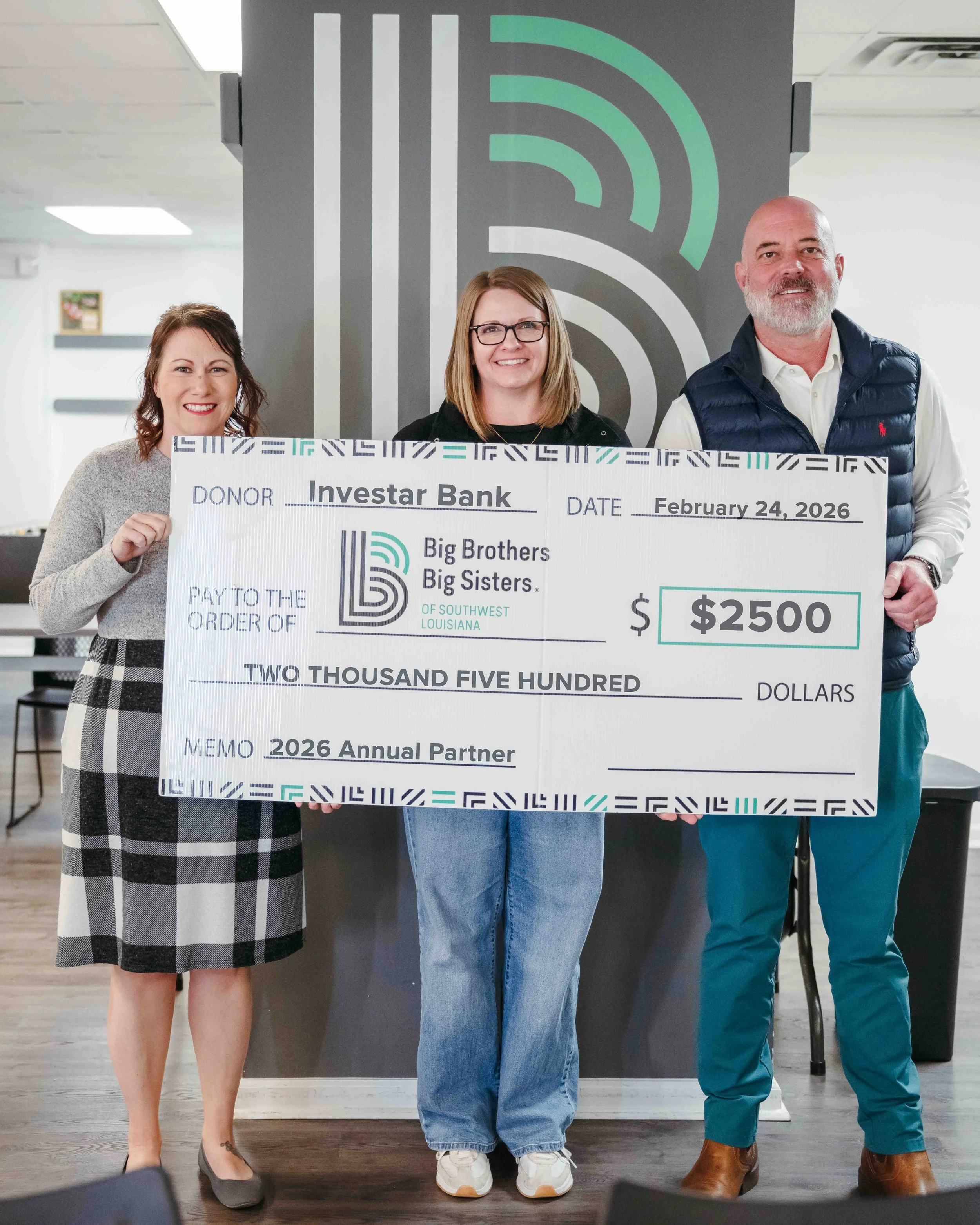 Investar Bank Donates to big brothers big sisters of swla