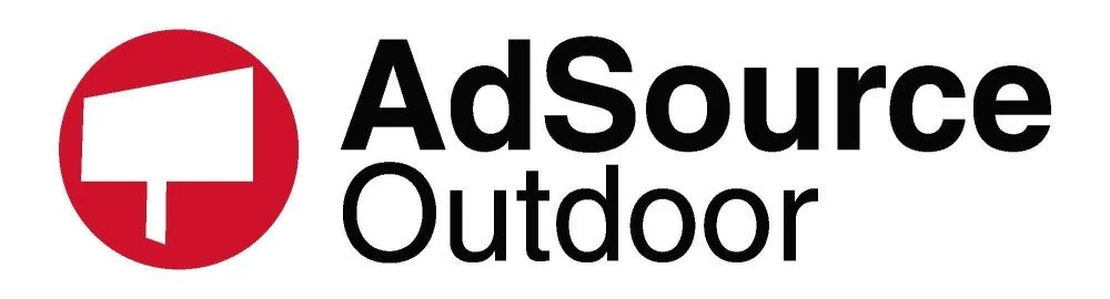 Logo for AdSource Outdoor featuring stylized billboard icon in red circle and black text.