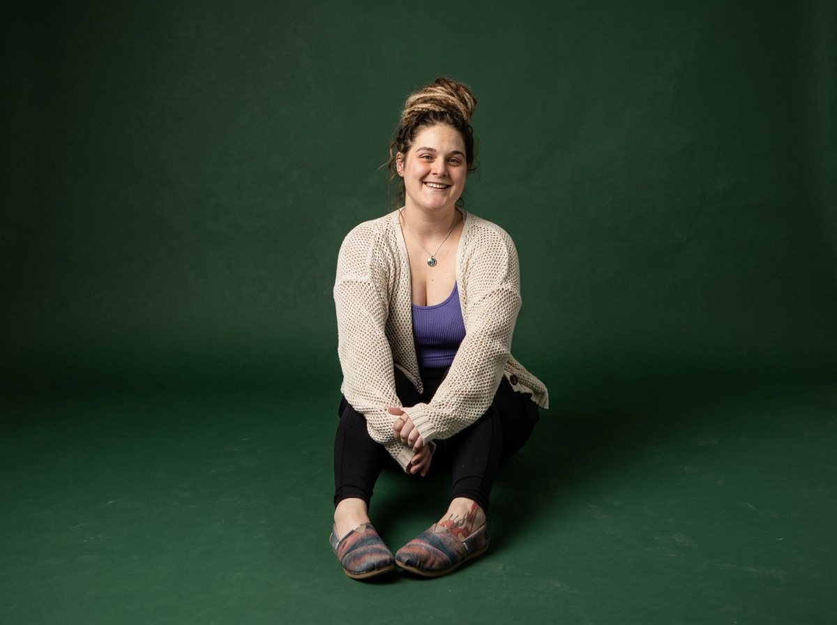 Young woman sitting on the green floor against a green background, smiling, wearing a beige knit cardigan, purple top, black pants, and colorful slippers.