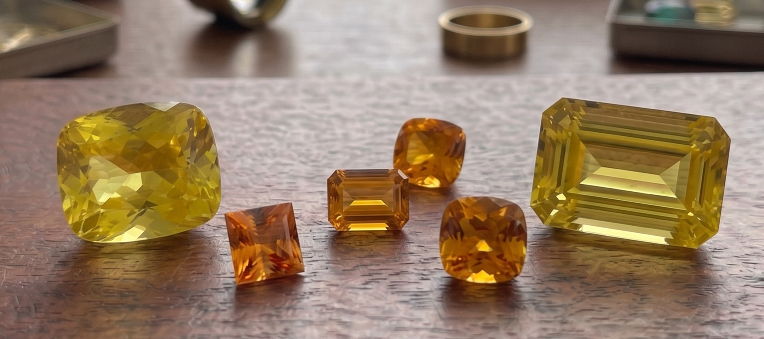 Canary yellow and orange tourmalines in cushion, emerald, and princess cuts showing the full yellow to orange color range