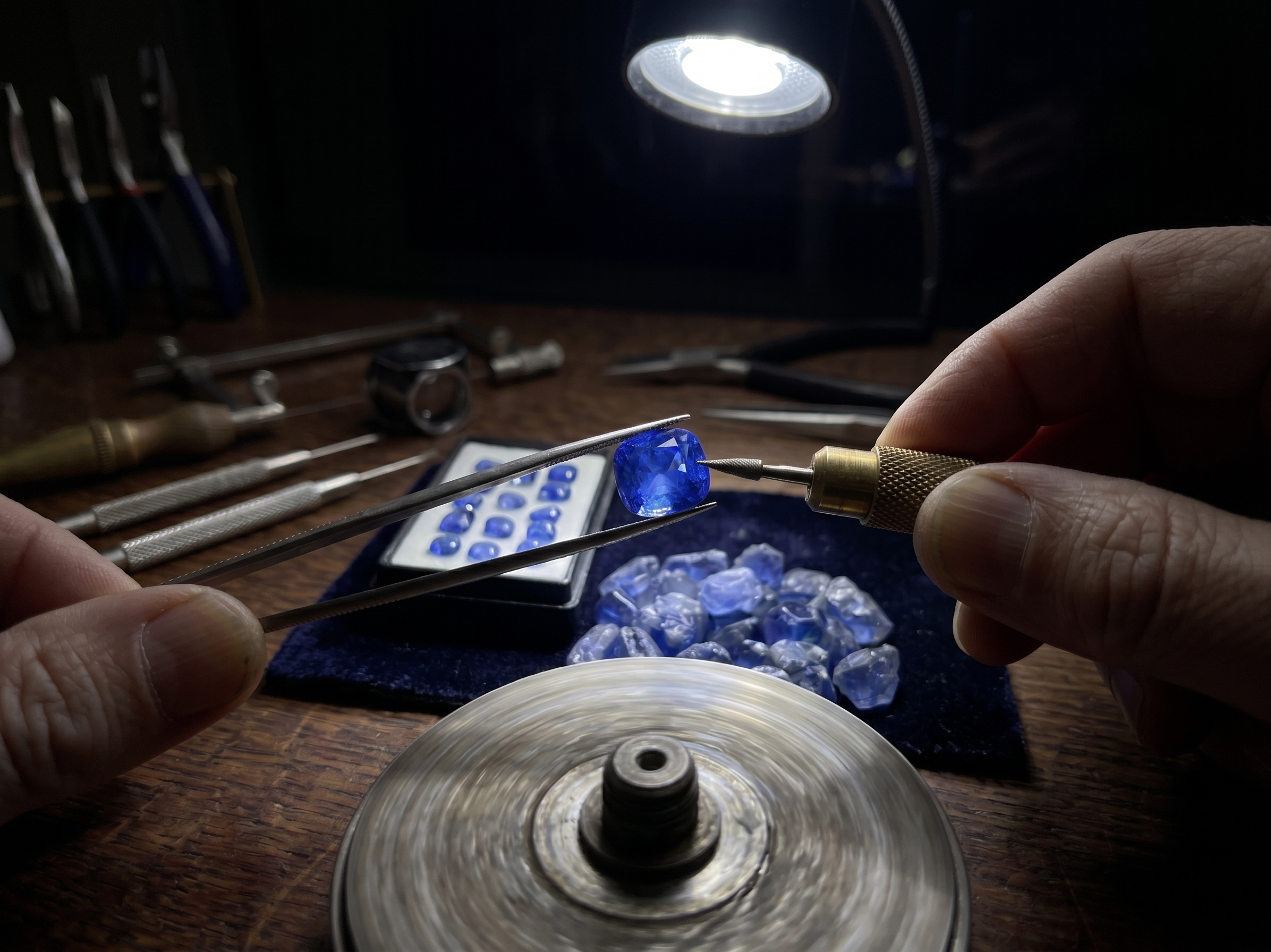 Lapidary faceting a cornflower blue Kashmir sapphire on a spinning lap with rough sapphire crystals on blue velvet in background