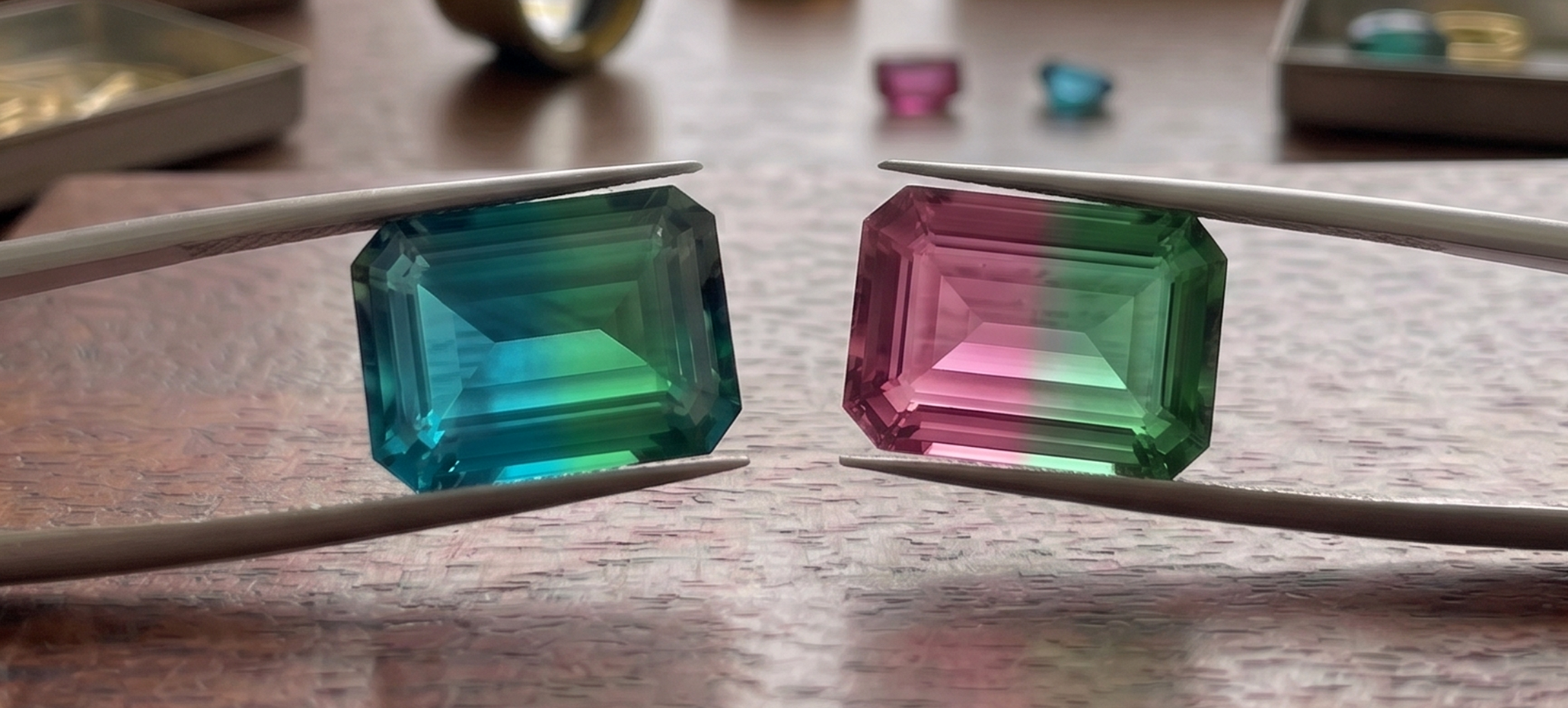 Two bi-color tourmalines in emerald cut — teal and green bi-color alongside pink and green watermelon tourmaline, held in tweezers