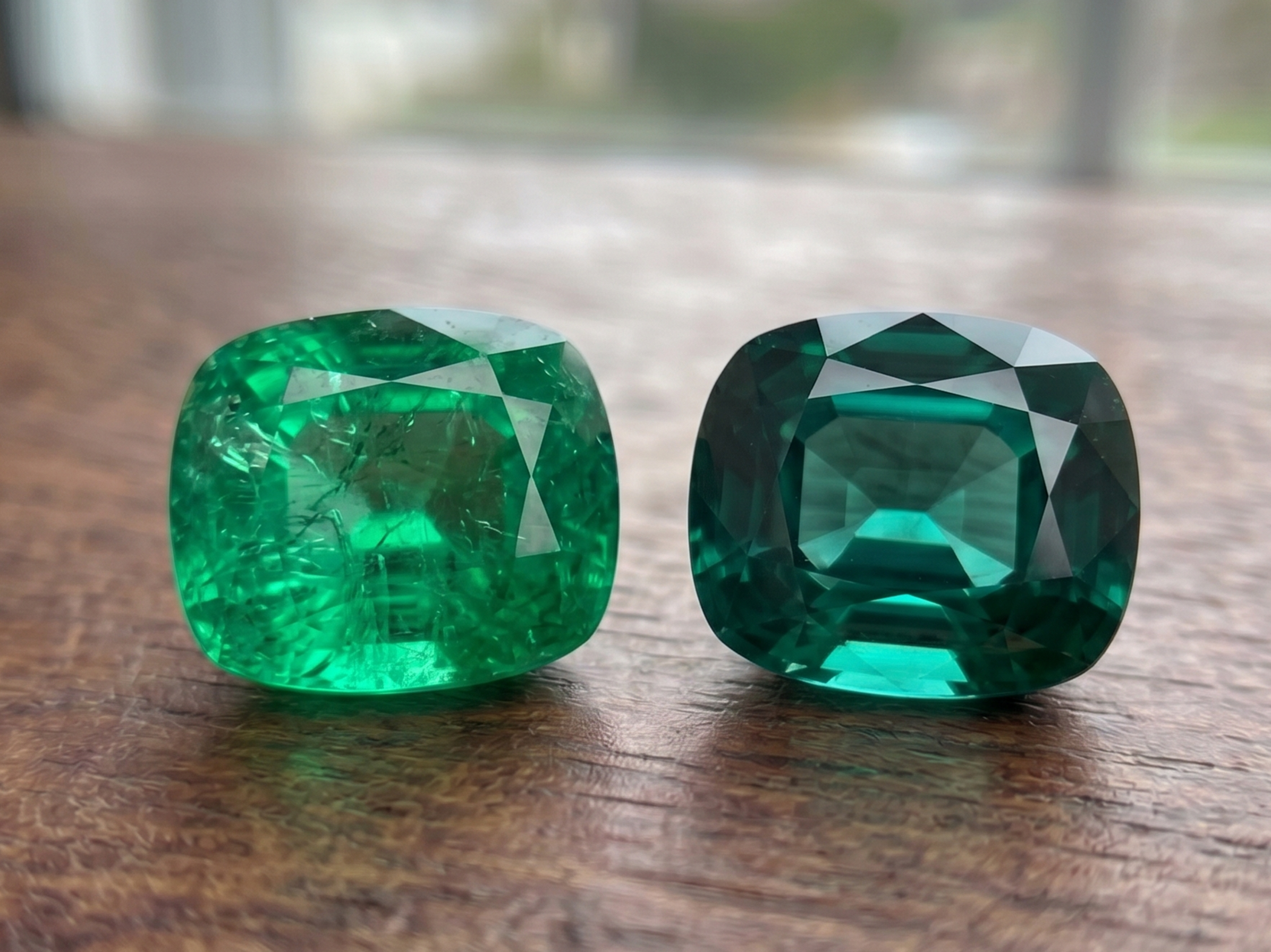 Side by side comparison of Colombian emerald left and Zambian emerald right showing difference in color tone and clarity