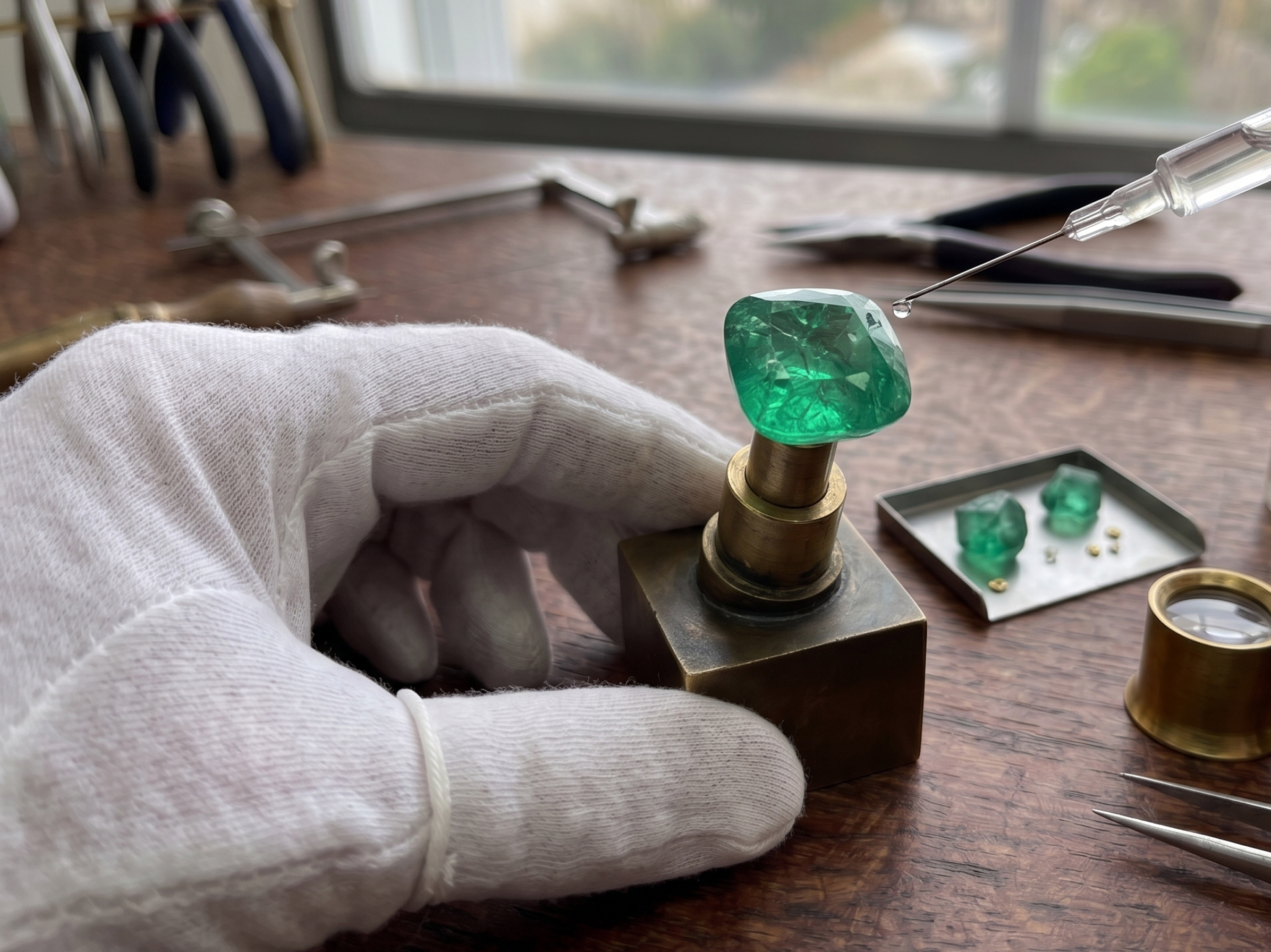 Gemologist applying resin treatment to a Colombian emerald on a brass dop block with syringe and treatment vials on workbench