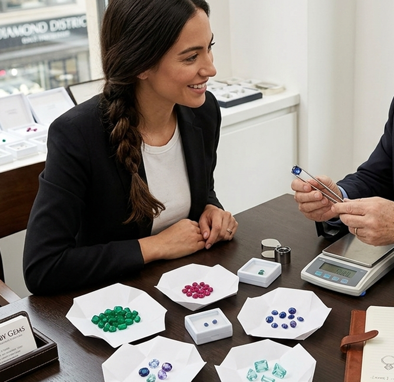 Jewelry designer viewing loose gemstones with a local gem dealer at the New York Diamond District, with parcels of emeralds, rubies, and sapphires on the table