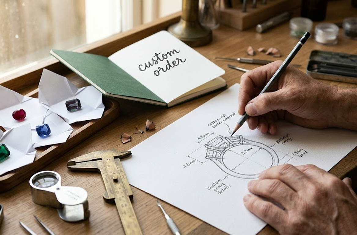 Jewelry designer sketching a custom ring setting with annotated measurements alongside loose colored gemstones in paper parcel folds