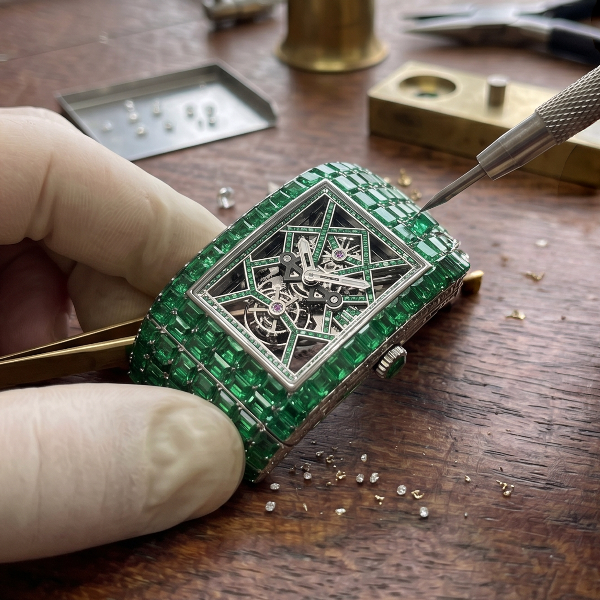 Jeweler setting baguette cut emeralds into a skeleton tourbillon luxury watch case by hand