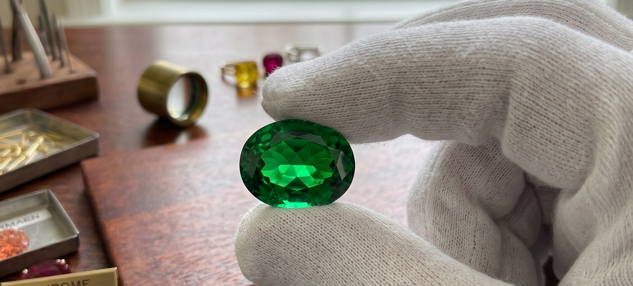 Vivid green chrome tourmaline oval held in gloved hands on jeweler's bench