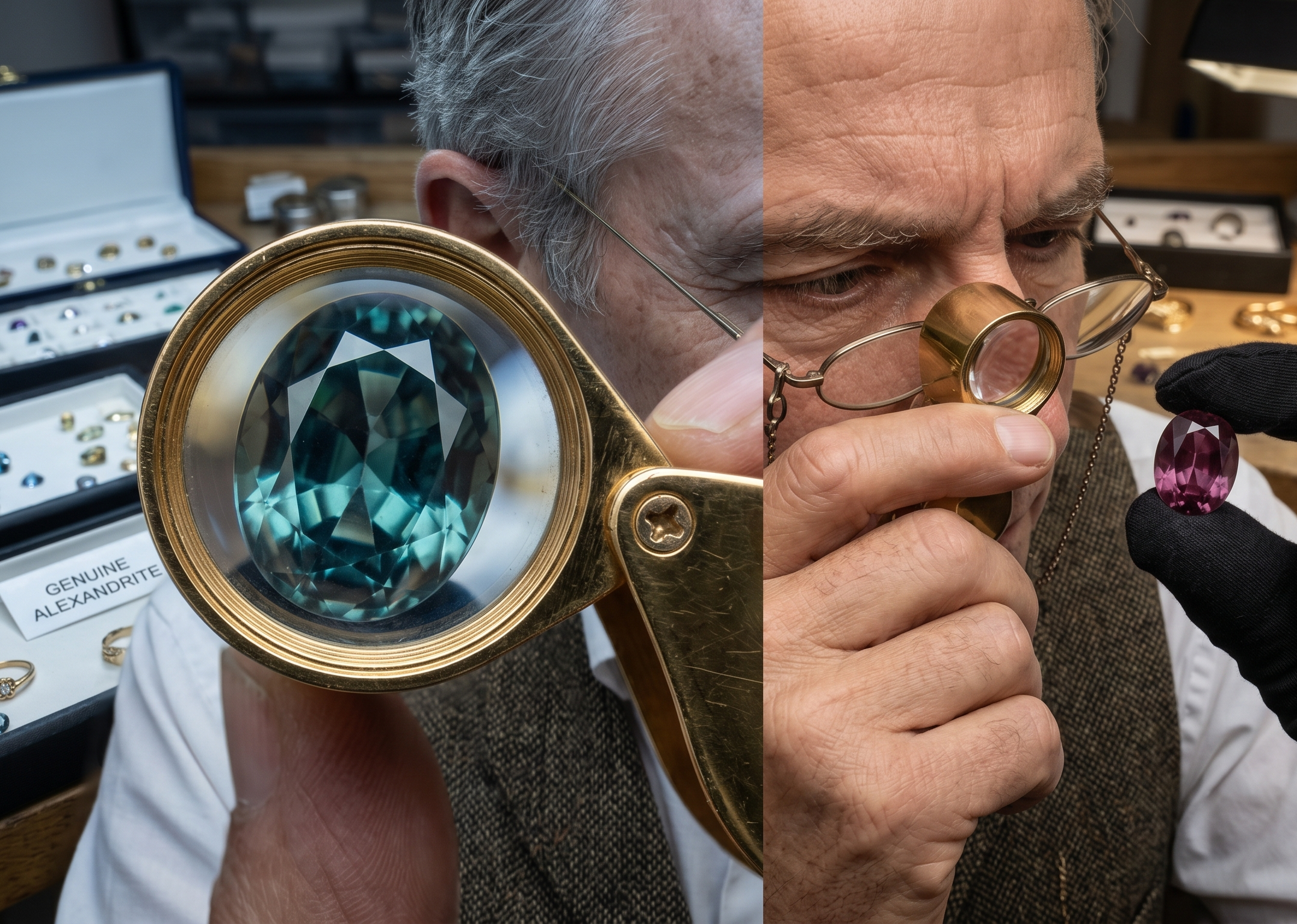 Gemologist examining natural alexandrite showing color change from green to red
