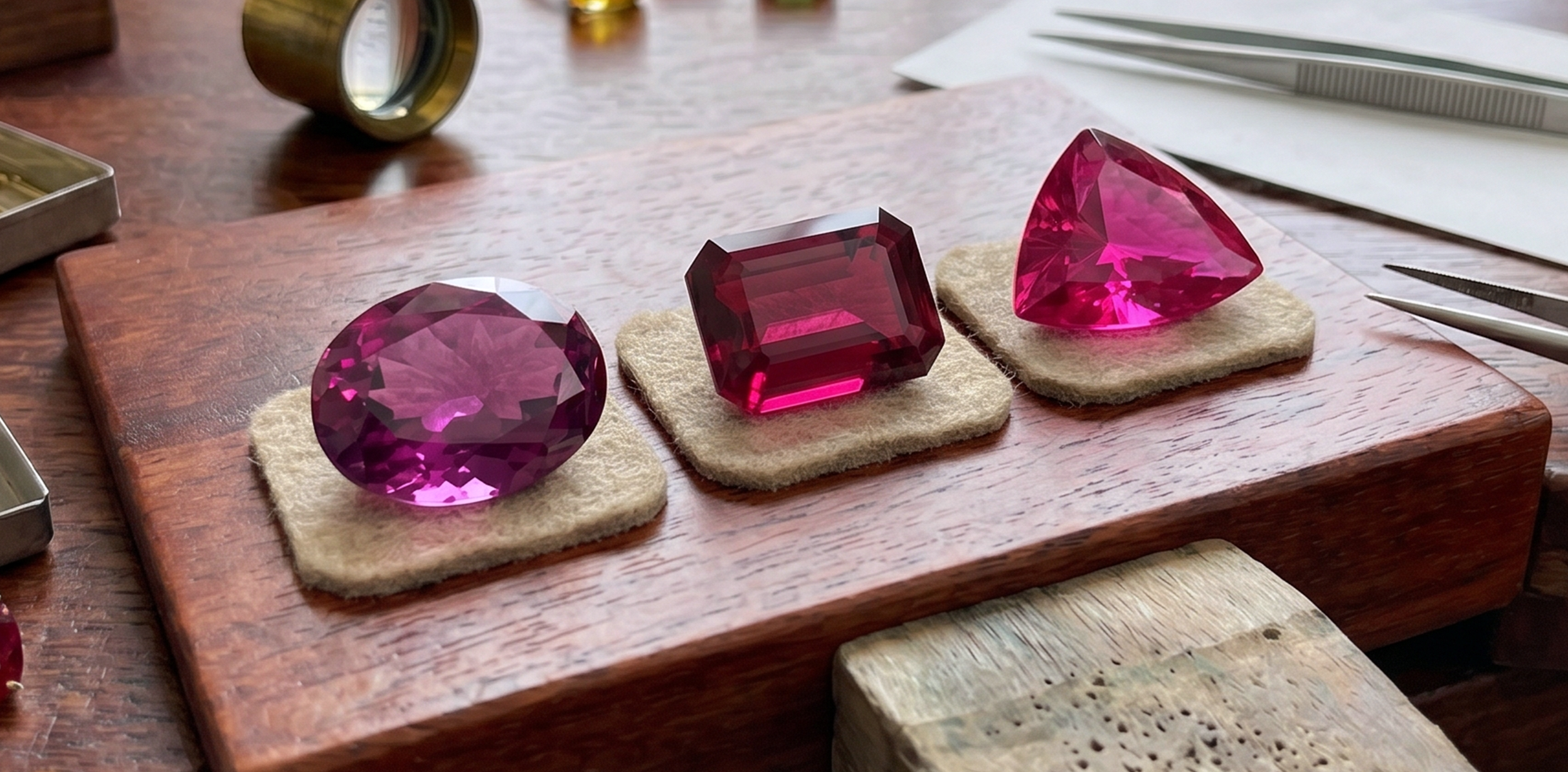 Three rubellite tourmalines in oval, emerald, and trillion cuts displayed on a jeweler's bench