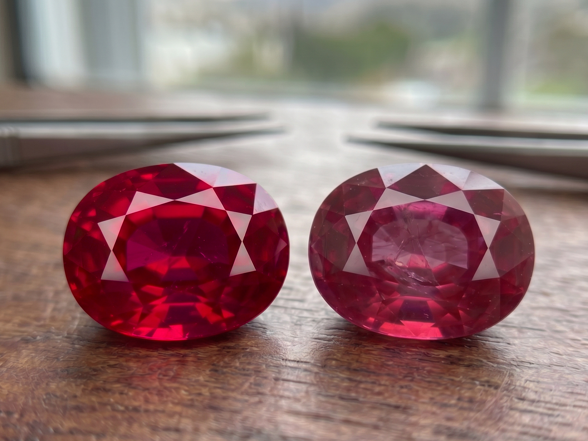 Side by side comparison of pigeon blood ruby left and lower grade ruby right showing difference in color saturation and purity